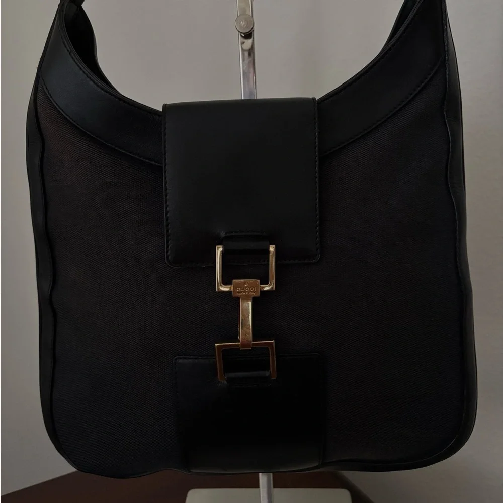 Gucci Jackie O Black Canvas Leather Trim Handbag | Iconic Piston Lock - Picture 3 of 12